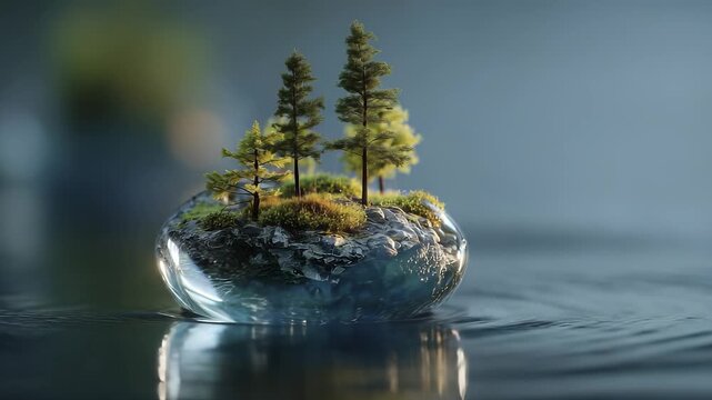 A miniature scene features tiny trees on a small island. The island floats on a reflective surface of water, highlighting the intricate details of the trees.