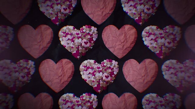 A patterned background of stop motion style love hearts.
