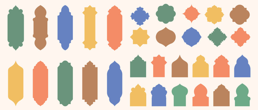 Collection of geometric Islamic frames and arabesque arch silhouettes forming a decorative seamless pattern with pastel colors for cultural design resource.
