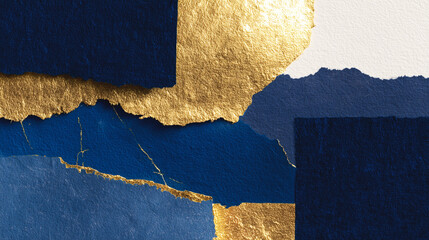 重なり合う青い和紙と金箔の抽象コラージュ