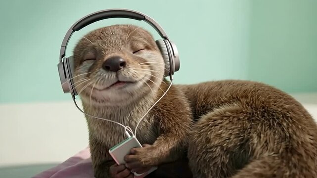 Small otter wearing headphones and holding music player. Animal enjoying audio with closed eyes showing happiness.