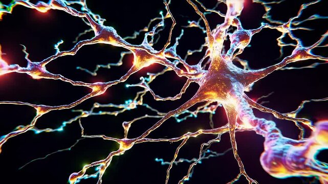 This image depicts a vibrant neuron structure illuminated by colorful light. The neuron connections showcase intricate patterns of neural pathways within a dark backdrop.
