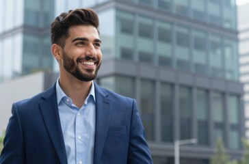 Fototapeta premium Confident Young Businessman in Suit Smiling Outdoors Against Modern Office Building Backdrop, Urban Professional