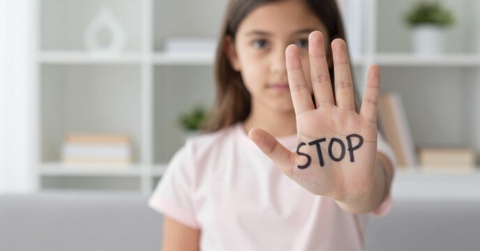 Young girl with stop sign on hand expressing rejection, prevention of abuse and domestic violence