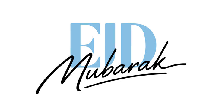 Minimalist Eid Mubarak typography logo with sky blue block letters and black script calligraphy