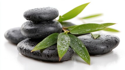 Black hot stones and green bamboo leaves on a white background, a spa concept for massage therapy. 