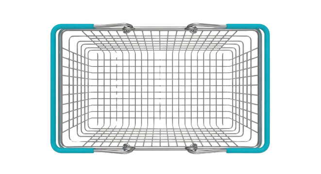 Empty metal wire shopping basket with turquoise handles, top view, isolated PNG with Transparent Background