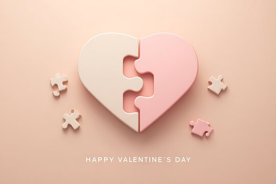 A heart shaped puzzle with two interlocking pieces in pink and white colors surrounded by puzzle pieces on a peach background with Happy Valentine's Day text
