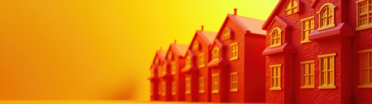 Many red houses with white windows on a yellow background real estate banner copy space