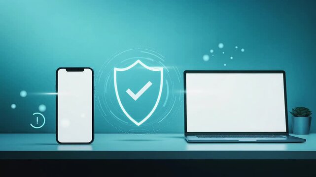 Cybersecurity Protection Shield Icon Between Smartphone and Laptop with Blank Screens and Copy Space