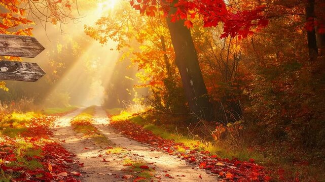 Une promenade automnale, la lumi&egrave;re du soleil filtrant &agrave; travers les arbres