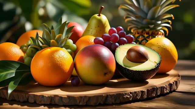 Fresh Fruit Arrangement on Wooden Board.