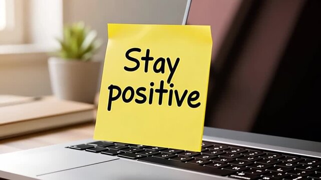 Yellow sticky note with stay positive message on laptop keyboard. Encouragement for remote work or study.
