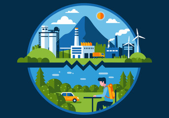 Naklejka premium Sustainable future vector illustration. Dynamic design contrasting industry and nature, showcasing clean energy, modern life, and ecological balance concepts