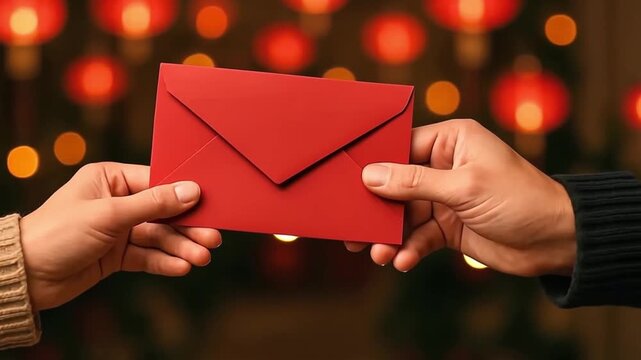 Man and woman exchanging red envelope, symbolizing gifting, traditional holiday, and celebration during Chinese new year