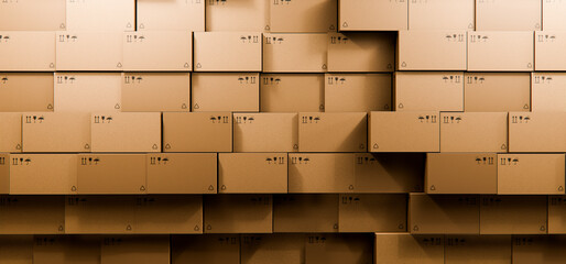 Stacked Cardboard Boxes Wall 3D Render Logistics Warehouse, Concept Background