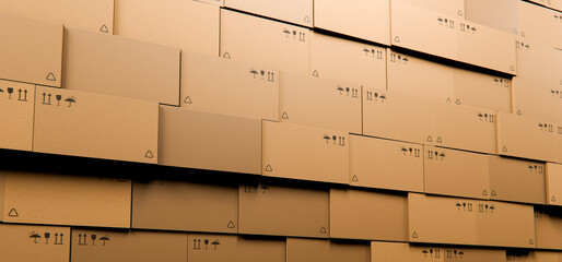 Stacked Cardboard Boxes Wall 3D Render Logistics Warehouse, Concept Background