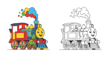 Cute cartoon steam train vector illustration. Educational coloring book page for kids with colored example and black and white outline. Locomotive character with colorful smoke. © MstTabassum