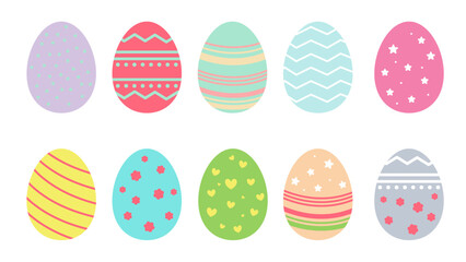 A set of decorative Easter eggs featuring stars, hearts and stripes in both pastel colors