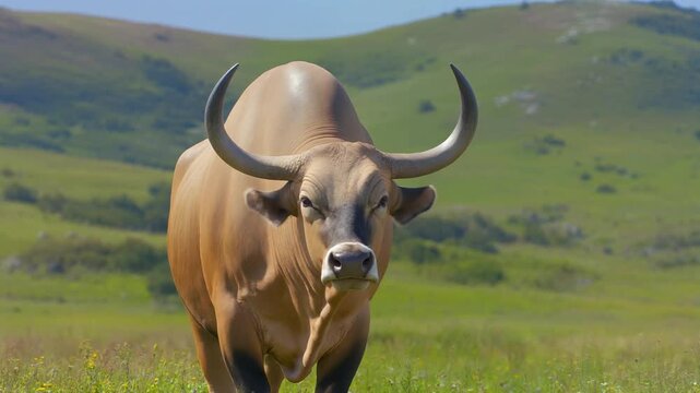 Brown Bull with Horns in Green Field.