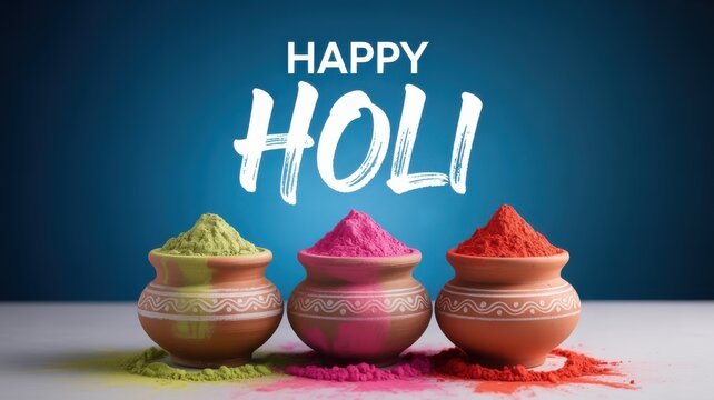 Happy Holi greeting card featuring earthen pots filled with colorful powder gulal on a blue background