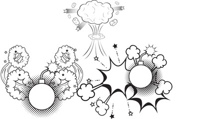 Comic book explosion and bomb set with halftone patterns in black and white © Isoplus