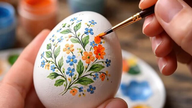 Woman decorates white egg with small paintbrush, adding details to floral pattern, easter egg coloring process for celebration
