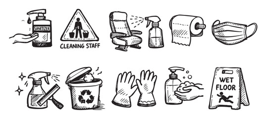 Fototapeta premium Collection of hand-drawn vector icons representing cleaning and sanitation, including sanitizer, mask, gloves, and wet floor sign. Ideal for health, safety, and prevention related graphics.
