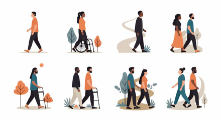 Fototapeta premium Person walking into circular arrow diagram depicting process improvement. Illustration shows individual progressing through stages development, reflecting process improvement.