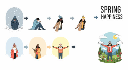 Illustrative journey depicting seasonal depression, showing person's mood shift from winter melancholy to spring joy. Concept portrays seasonal depression, transitioning from cold,