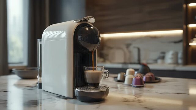 A modern kitchen features a coffee machine prominently, with coffee brewing into a glass. Colorful coffee pods are neatly arranged nearby, creating an inviting atmosphere.