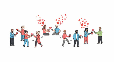 Diverse people giving hearts illustration, symbolizing compassion. Characters show mutual exchange, fostering community, people giving hearts freely.