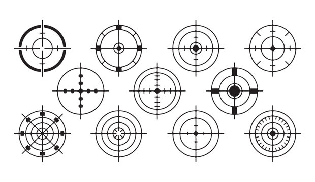 Collection of tactical aim reticles for weapon sights and sniper scope view interface for shooters
