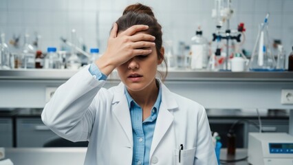 Frustrated Female Scientist with Hand on Forehead in Laboratory Setting.