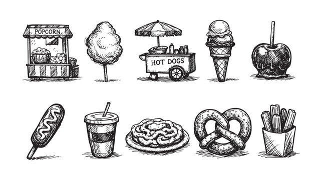 Hand-drawn vector illustration of carnival food. Includes popcorn, cotton candy, hot dog stand, ice cream, caramel apple, corn dog, and more. Perfect for menus and designs.