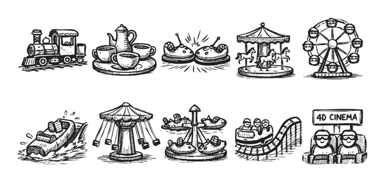 Hand drawn sketch set of amusement park rides like ferris wheel, carousel, rollercoaster, teacups, bumper cars, log flume and more. Isolated on white background.