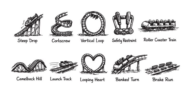 Black and white hand-drawn illustration of roller coaster elements. Features steep drop, corkscrew, vertical loop. Perfect for themes of amusement parks, excitement, and design.
