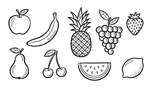 Hand drawn chalk fruit doodle outline vector icon set with crayon style drawings