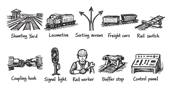 Collection of hand-drawn railroad sketches including a locomotive, train cars, shunting yard, rail worker, and control panel. Perfect for illustrating logistics, transportation, or rail concepts.