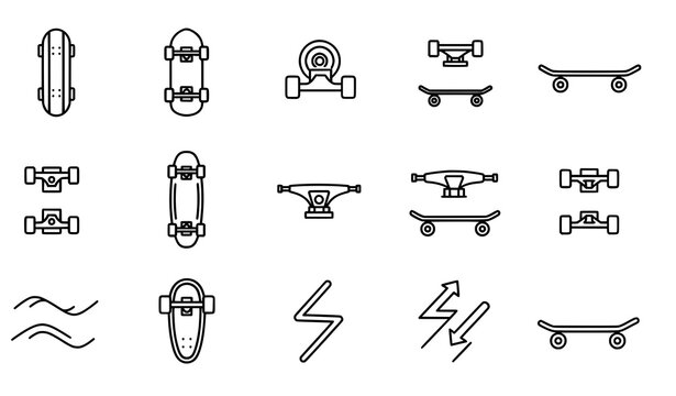 Outline skateboard icon vector set with clean line art skateboarding symbols