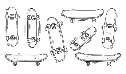 Naive skateboard doodle outline vector illustration set with hand drawn skate clipart © Shukimon