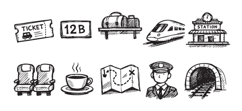 A set of train travel themed doodle icons. Perfect for designs about vacation, tourism, transportation, and railway adventures. Black and white graphics.
