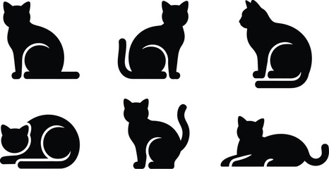 Cat silhouette icon set featuring sitting sleeping and relaxed feline poses elegant minimal animal symbols clean vector illustration design © ALEX BIN