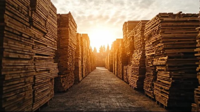 Lumber stacks lined along a path at sunset, creating a serene atmosphere.