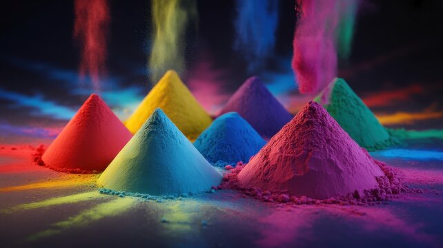 Heaps of colorful Holi powder with falling plumes of vibrant dust on dark background