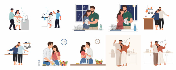 Fototapeta premium Romantic couples sharing household chores, hugging and dancing happily in the kitchen, illustrating love and partnership in everyday domestic life.