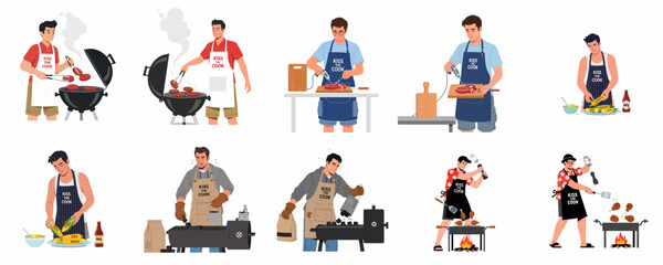 Fototapeta premium Set of men characters grilling meat, burgers, and corn on the cob on various barbecues, representing the fun of summer outdoor cooking.