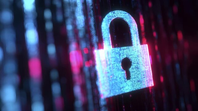 The image features a digital lock symbol representing data security. Glowing binary code streams surround the lock, emphasizing the theme of cybersecurity.