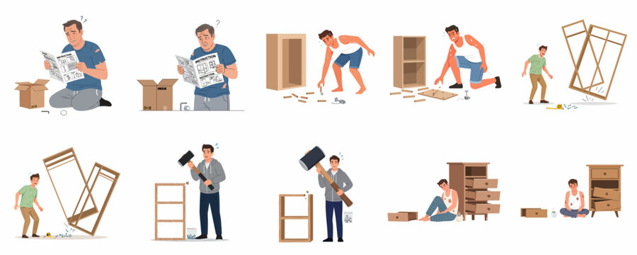 Flat-pack furniture assembly frustration process, showing men struggling with complex instructions, broken pieces, manual labor, and eventual failure or defeat.