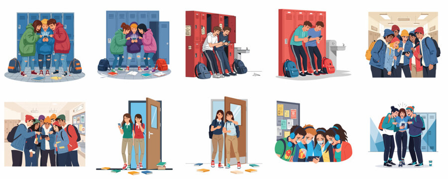 Diverse set of illustrations showing happy high school students and friends using smartphones, laughing, and interacting by school lockers and hallways.